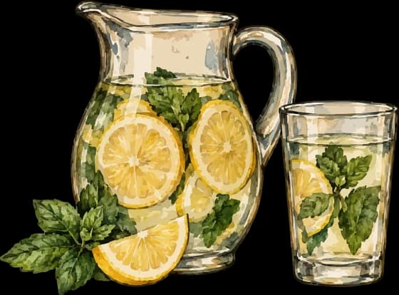 Karaffe und Glas Wasser mit Zitrone und Minze